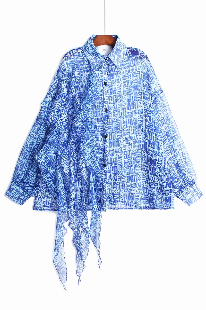 

IEQJ 2021 new spring and summer turn-down collar full sleeves tassels printed single breasted loose shirt blouse WP22105