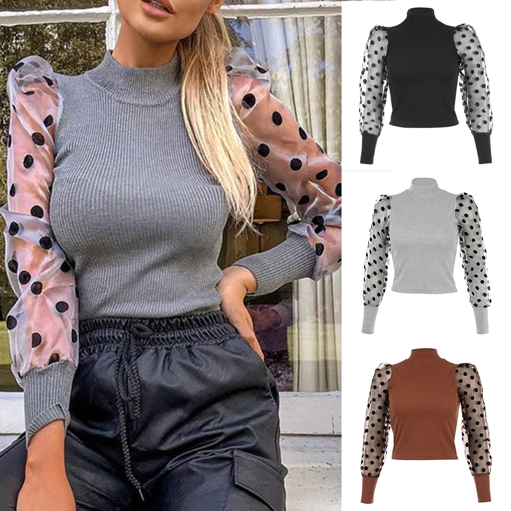 Женская Весенняя сетчатая пышная рубашка с длинным рукавом ребристая Тонкая