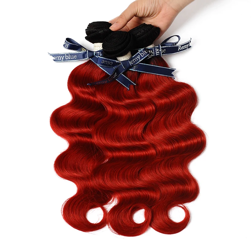 Remyblue 1B человеческие волосы пряди с закрытием красные волнистые бразильские 3 100