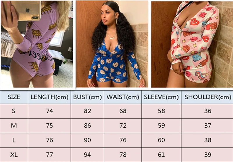 

Women Sleepwear Bodysuits Sexy V-Neck Long Sleeve Bodycon Cartoon Print Button Jumpsuit Shorts Romper Nightwear