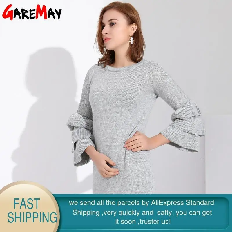 Женский Длинный свитер Garemay Повседневный пуловер с оборками на рукавах и круглым