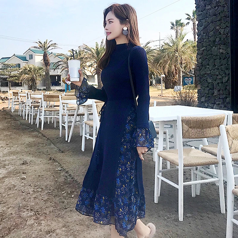 Женские вязаные платья на осень и зиму эластичные кружевные лоскутные с длинным