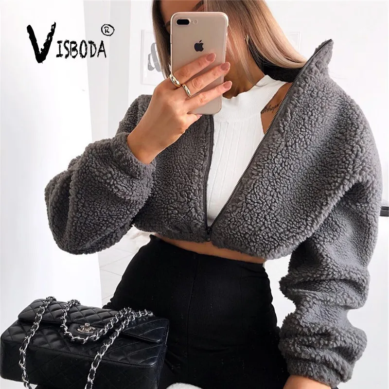 Зимняя флисовая укороченная куртка бомбер Женская Повседневная серая бархатная