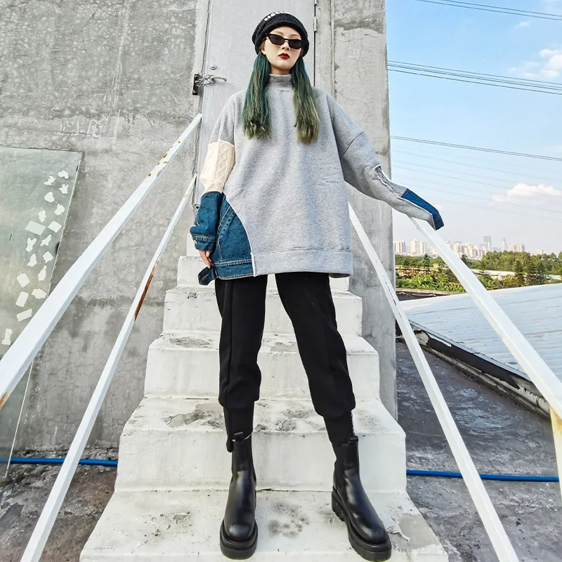 

2020 winter new plus velvet thickened multi-fabric stitching denim contrast high neck pullover solid color mid-length sweater