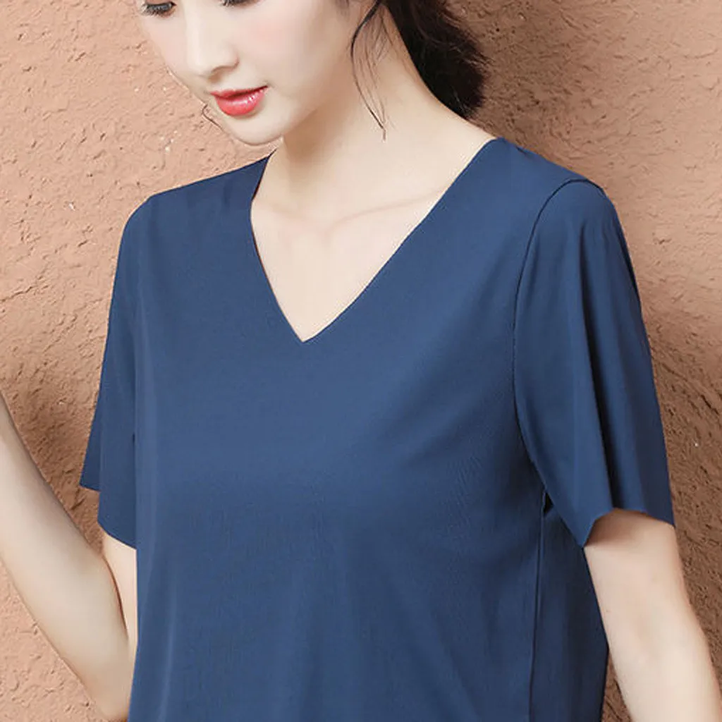 Футболка женская однотонная с V-образным вырезом и коротким рукавом | Женская