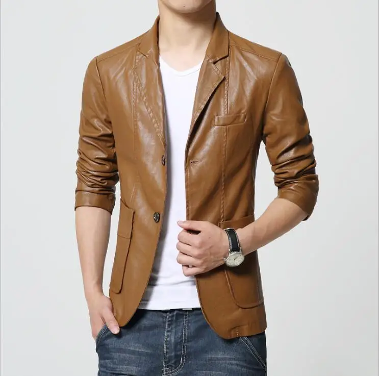 Для мужчин кожаный пиджак костюм Slim Fit Классические из искусственной кожи