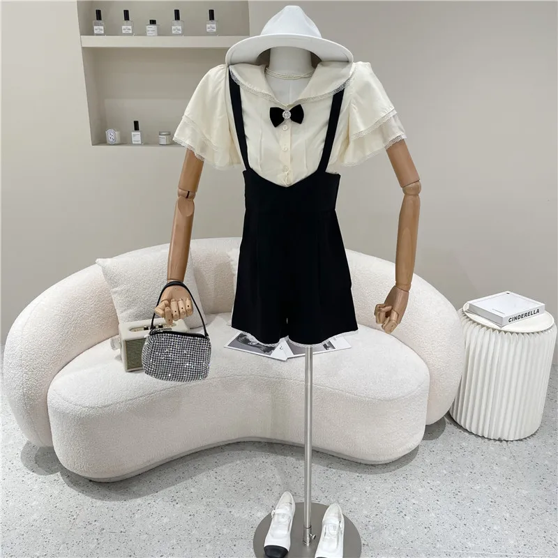 

Women's Clothing Summer 2021 Niche Design Fashion New Bow Tie Shirt Wide Leg Sling Shorts Pants Two Piece Set