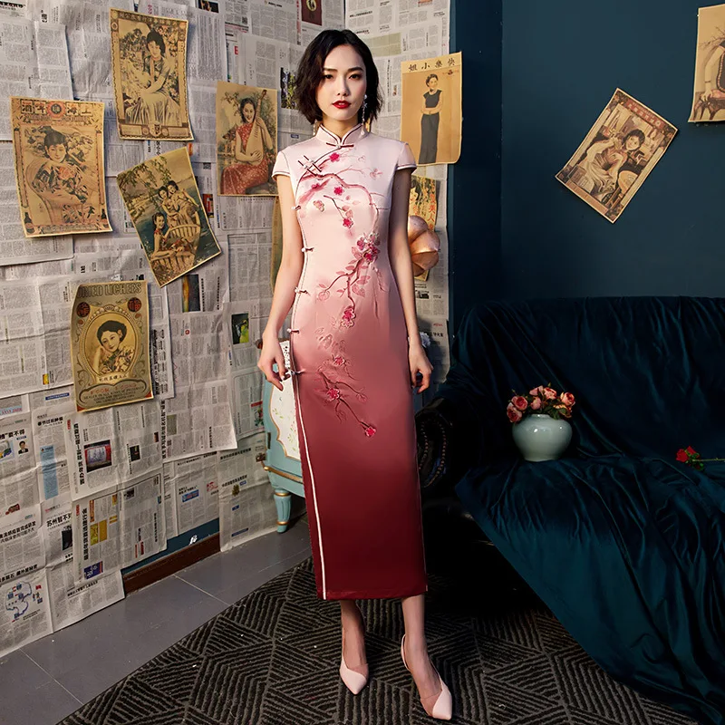 Элегантный винтажный Ципао на пуговицах ручной работы с цветочным принтом и