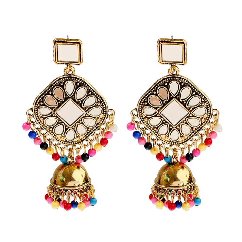 Gold Mirror Цыганские серьги с жемчужинами и кисточками в индийском стиле Jhumka для женщин, богемные Ретро Золотые Зеркальные колокольчики, тибетские сережки oorbellen - Окраска металла: Gold Mirror