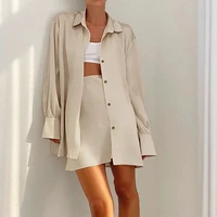 womens suit two piece elegant long sleeve button satin shirt sexy package hip slim a line skirt suits summer lady casual suits