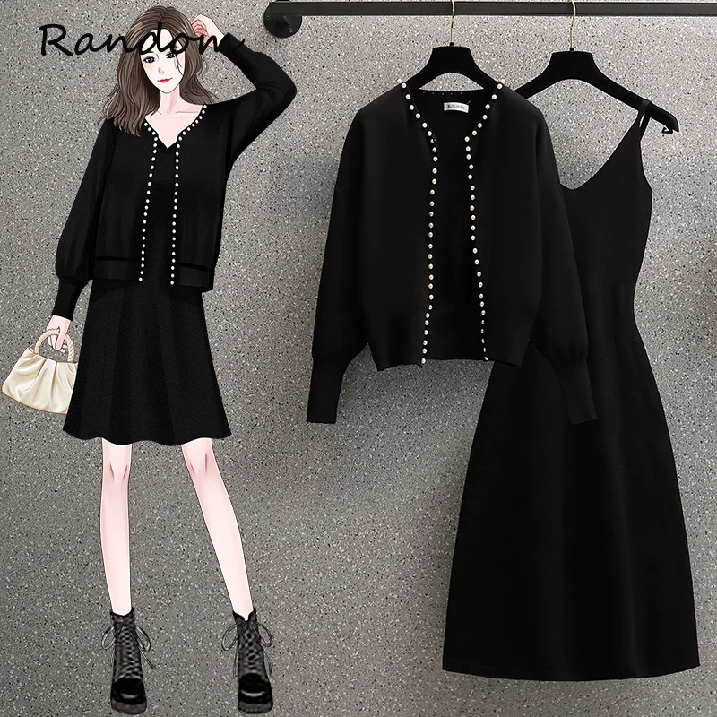 Женский черный костюм большого размера кардиган с жемчугом жакет топ и платье на