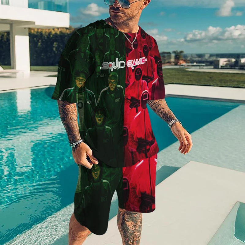 

Squid Game Summer Men's Street Fashion Shorts Men's Suit Hip-Hop O-neck Short-Sleeved Suit Men's T-shirt Beach Pants Suit