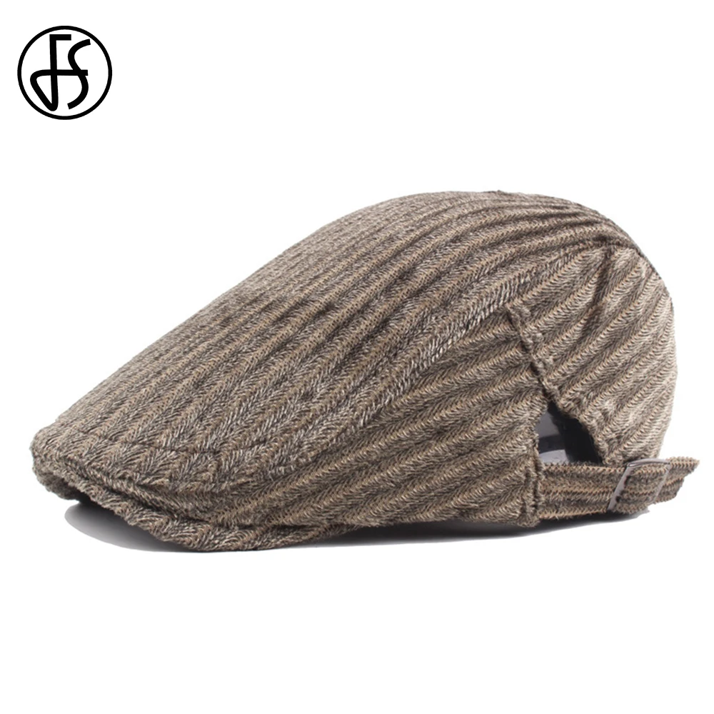 

FS 2021 Autumn And Winter Beret Mens Casual Versatile Flat Cap Vertical Bar Forward Hat Retro British Style Painters Hats Boina