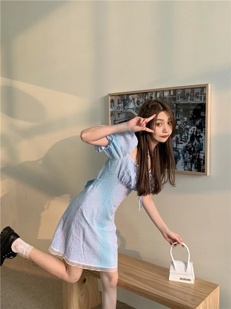 

Blue square collar plaid women dress Summer A-line high waist puff sleeve dress Elegant short-sleeved dresses
