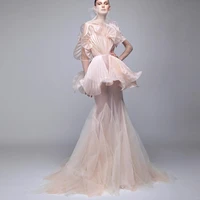 classic fashion prom dresses high neck ruffle full sleeve mermaid lady long dress see through layered tulle pageant gowns