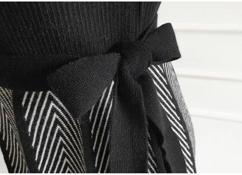 

Winter Sashes Knitted Women Cloth Color Patchwork Swing Pleated Knee-Length Casual Sweater Dresses