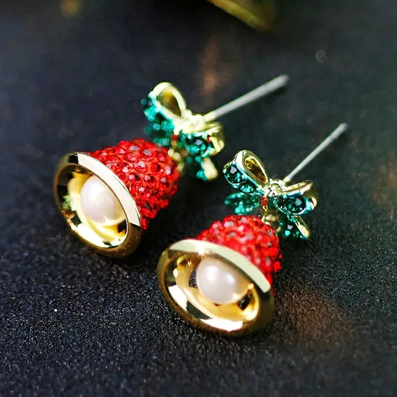 

Christmas Red Green Jingle Bells Drop Earrings For Women Girl Crystal Bow Wind Bell Dangle Earrings Party Jewelry New Year Gift