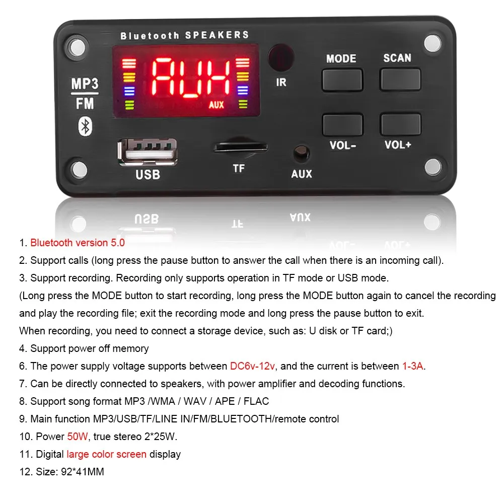 

5V 12V MP3 Decoder Board Accessory Bluetooth 5.0 Cables Car FM Radio Mode