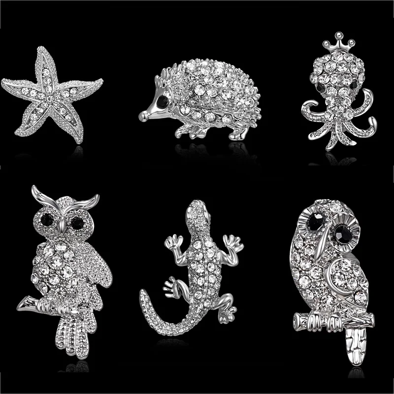 

2022 Silver Color Rhinestone Animal Owl Brooch For Women Pins Lizard Starfish Hedgehog Octopus Kids Lapel Pin Jewelry New Gifts