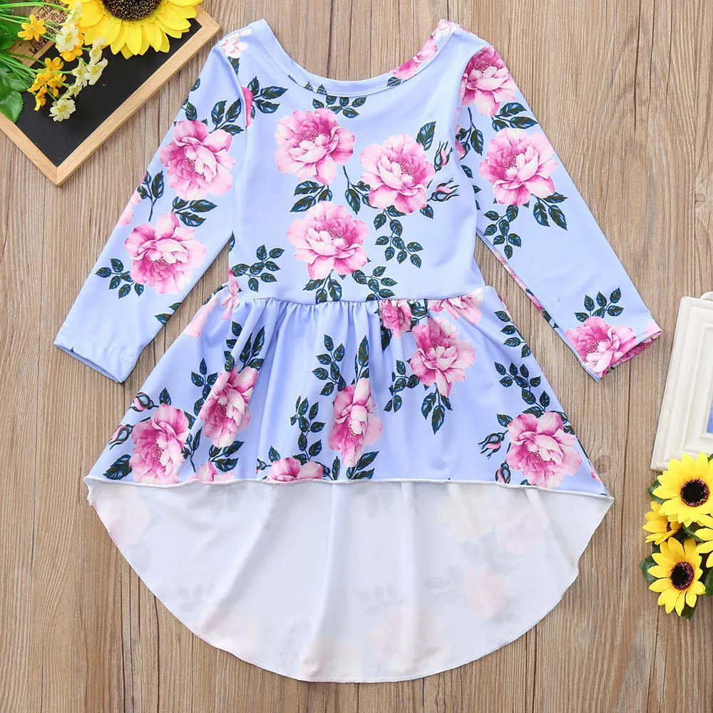 Платье для маленьких девочек топы с длинными рукавами и цветочным принтом