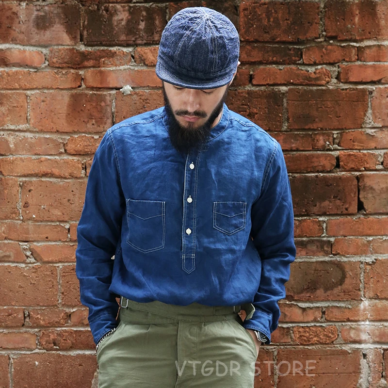 

1920s Linen Bronson Workshirts Indigo Vintage Men's Pullover Work Shirts Plaid Blue