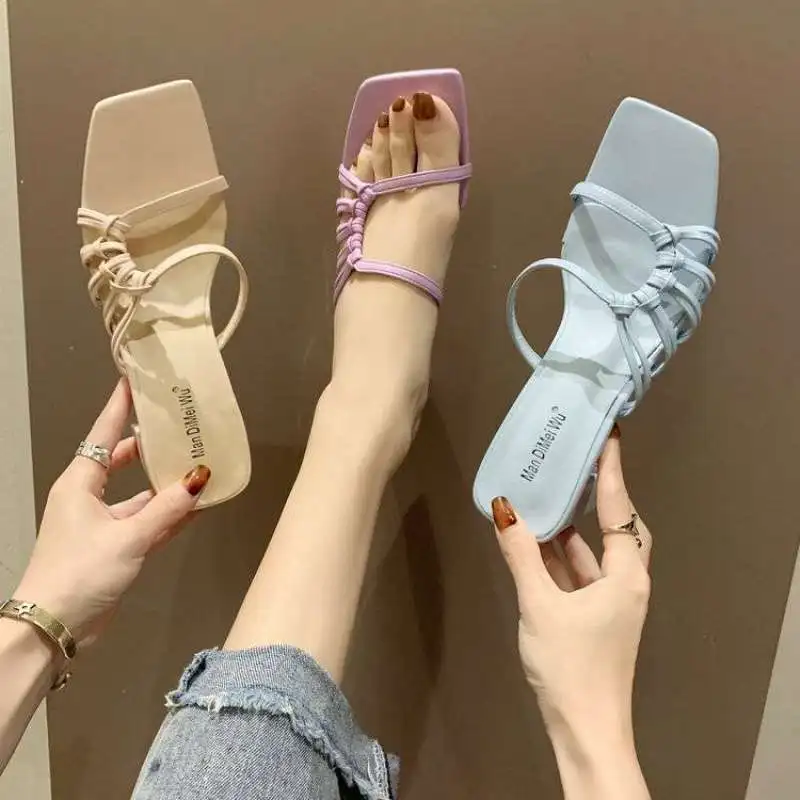 

Women's Outdoor Sandals Summer New Thin Mesh Red High Heels Chunky Heel Square Heel Half Slippers Fashion Square Toe