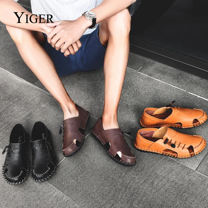 

New Men Sandals Genuine Leather Leisure Men Sandals Summer Beach Shoes Casual men shoes Sewing Man sandals Brown 0080