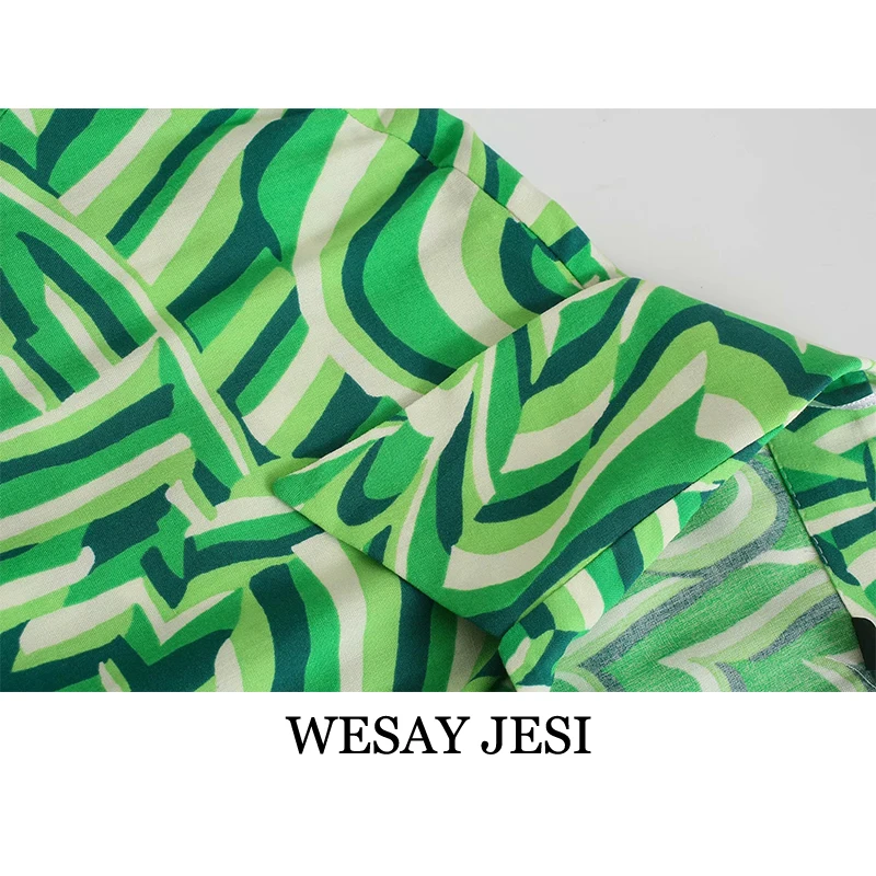 

WESAY JESI Za Womens Dress 2021 Summer New TRAF Fashion Green Printed Shirt Dress Casual Long Sleeve Dress Button Pleated Dress