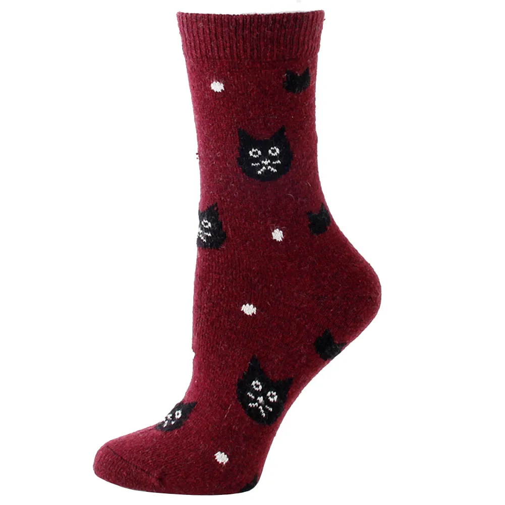Winter Warm Thermal Wool Cashmere Socks for Women Fashion Casual Thick Cartoon Cat Cotton Mid Calf Cartoon Socks Pack