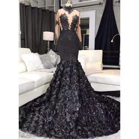 black elegant prom dresses appliques 3d flowers beading sequins sexy long sleeve mermaid party evening gowns robes de soir%c3%a9e