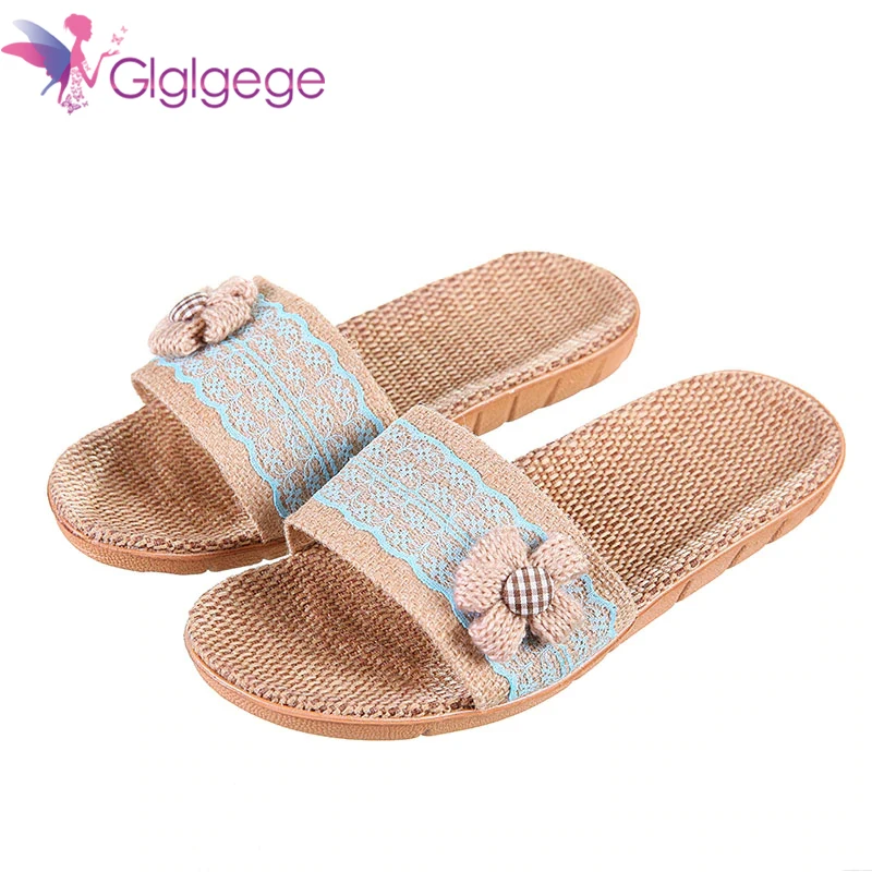 Шлепанцы женские льняные сланцы пляжная обувь богемный стиль бант лен сандалии