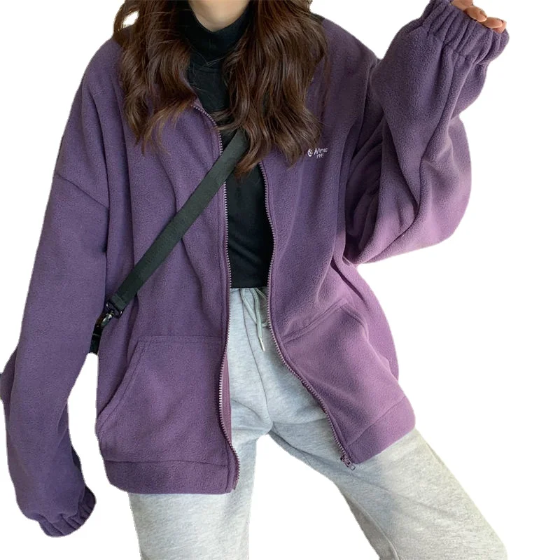 

Zipper ladies winter high quality fashion Harajuku style long sleeve fleece large round neck hoodie hooded sweatshirt wholesale