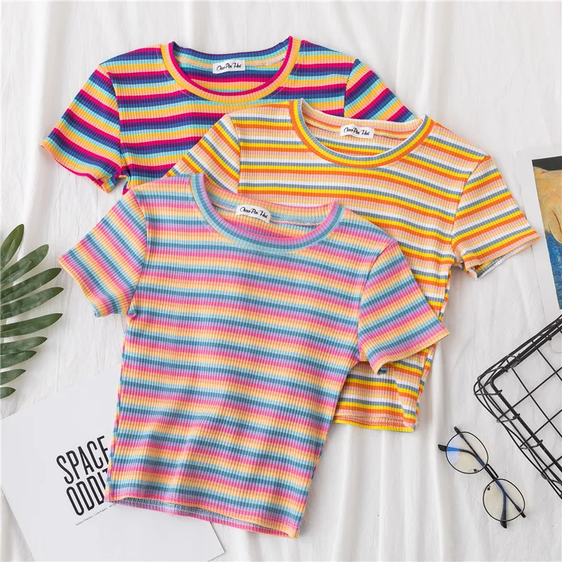 

New T Shirt Women Rainbow Striped Tops Slim Fit t shirt Harajuku Tshirt Summer Short Sleeve Korean T-shirt feminina Clothes Tops