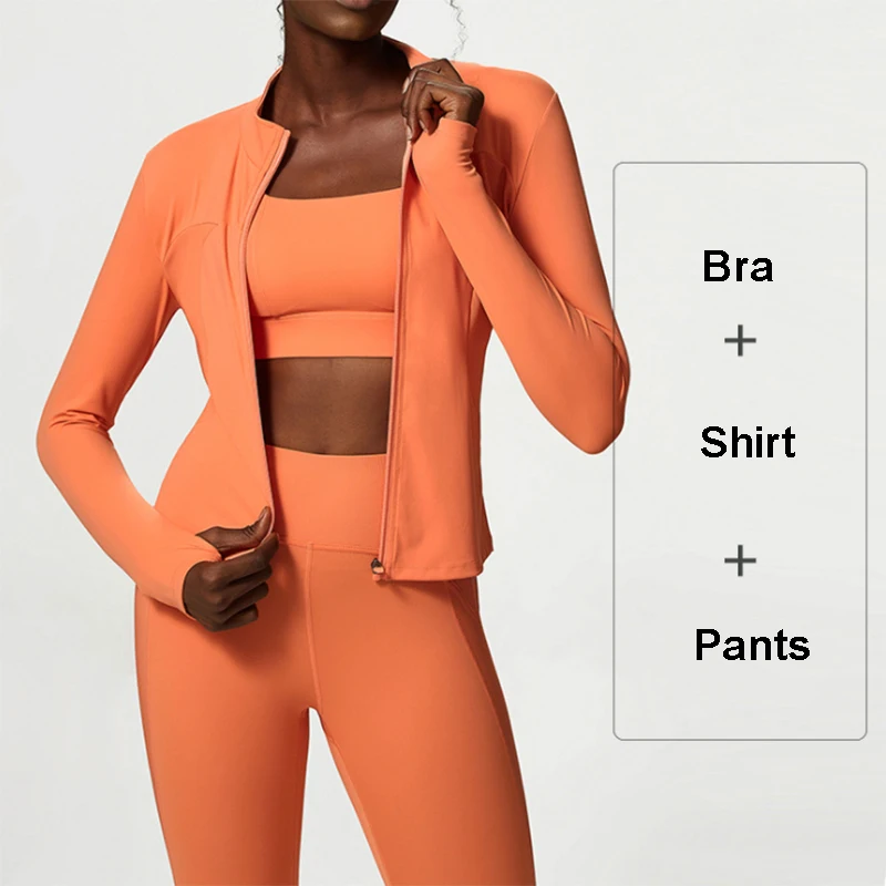 3Pcs Fitness Yoga Set Women Workout Athletic Clothing Long Sleeve Shirt Gym Bras High Waist Leggings Tights-Fitting Sportswear - купить по