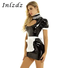 Womens Maid Carnival Cosplay Costume Wet Look Patent Leather Clubwear High Neck Breast Hollow Out Bodycon Mini Dress with Apron