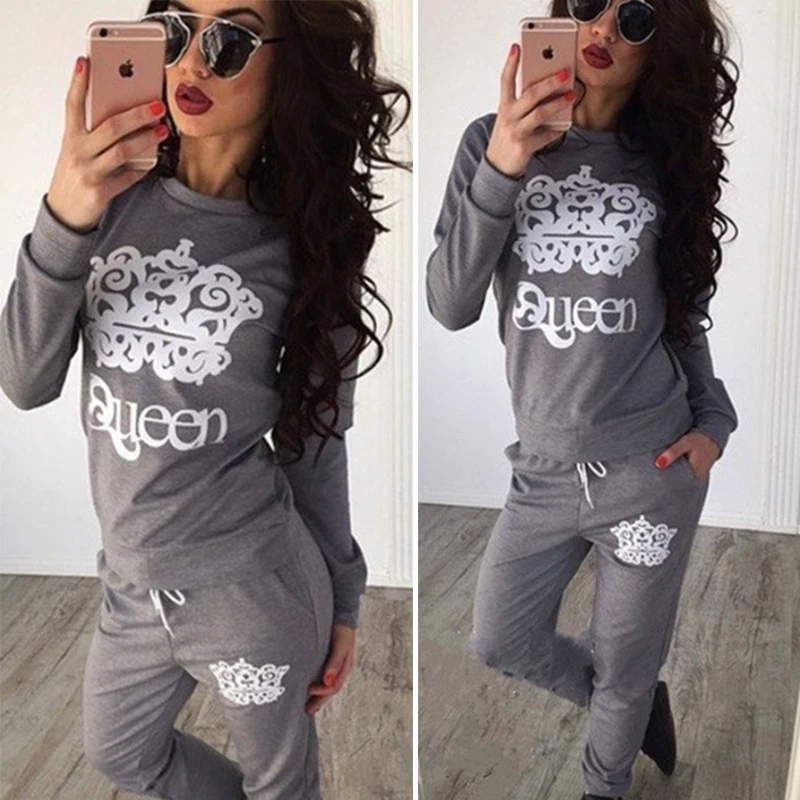 

Spring Autumn Two Piece Set Tracksuit Women Clothes QUEEN Letter Print Sweatshirt+Pants Long Sleeve Sportswear Outfit Female