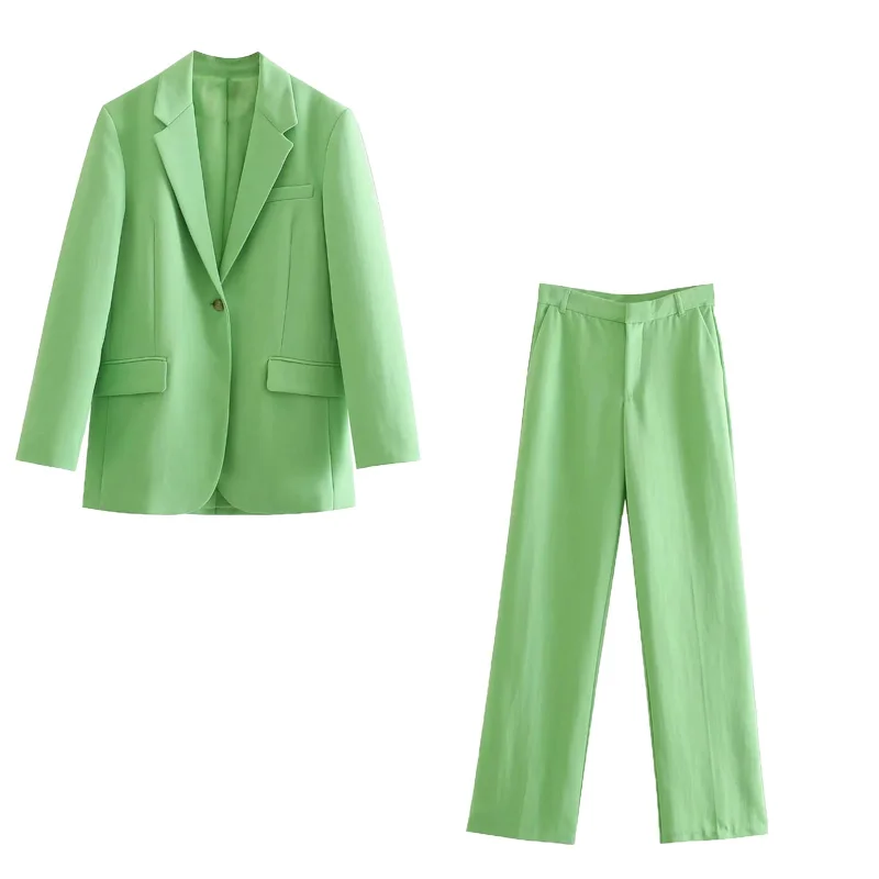 

Женский офисный Блейзер Za, комплект из двух предметов, зеленый элегантный Блейзер, однотонный топ на одной пуговице с длинным рукавом