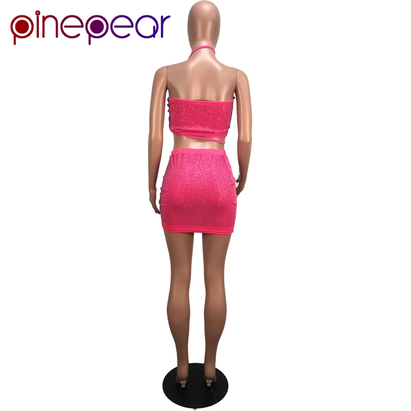 PinePear, шнурок, Холтер, без бретелек, сексуальное, для клуба, со стразами, платье для женщин, розовый, красный, стразы, для вечеринки, наборы, Прямая поставка, новинка