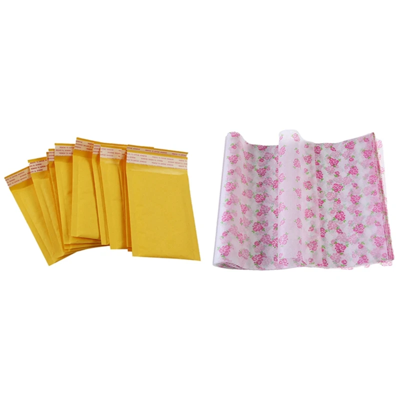 

10 Pcs Bubble Mailers Padded Envelopes Packaging Kraft Envelope Bags & 50Pcs Printed Pattern Tissue Wrapping Paper