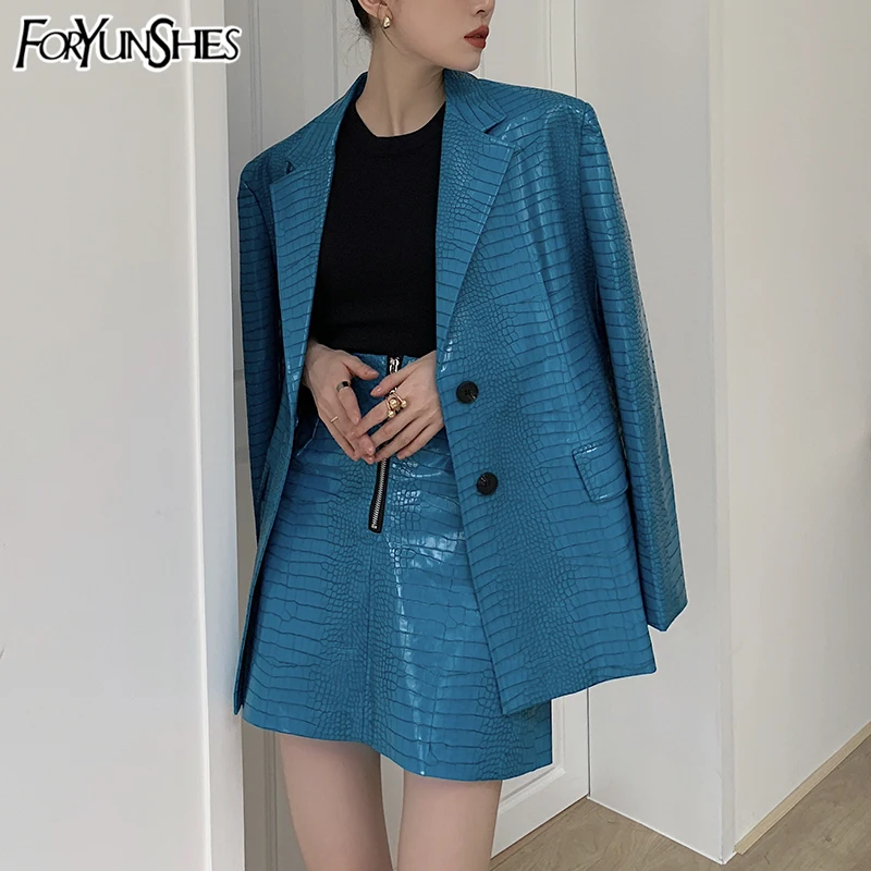 Женский блейзер из искусственной кожи FORYUNSHES синий с принтом в виде животных