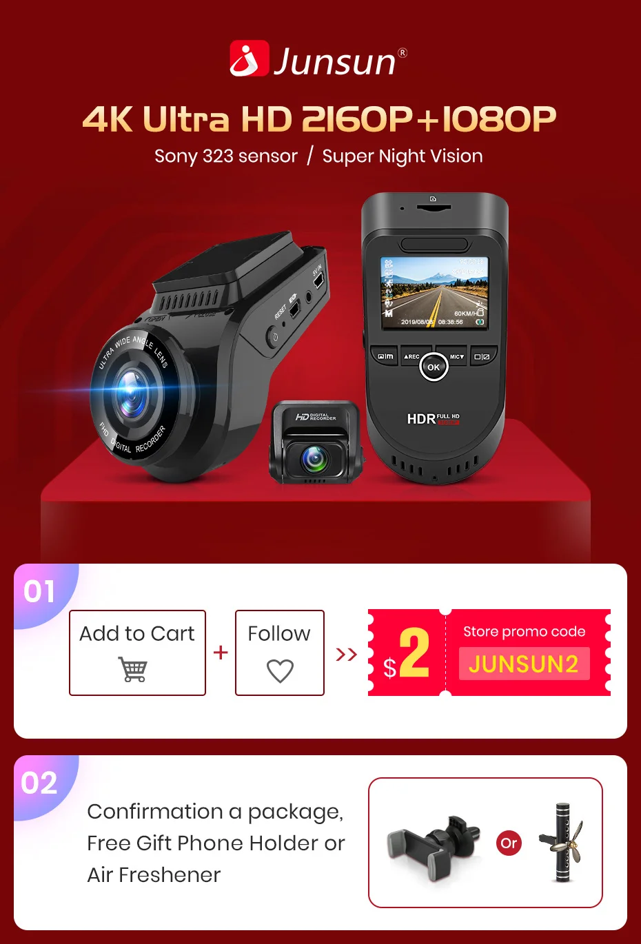 Junsun S590 WiFi 4K видеорегистраторы автомобильные Ultra HD 2160P 60fps gps ADAS авторегистратор камера рекордер sony 323 камера заднего вида 1080P ночное видение