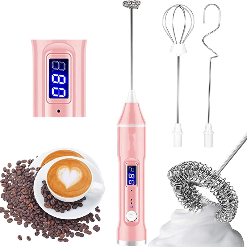 Batidor de leche port&aacute;til con 3 cabezales, minilicuadora el&eacute;ctrica recargable por USB de 3 velocidades, para caf&eacute;, Latte, batidor de huevos-4