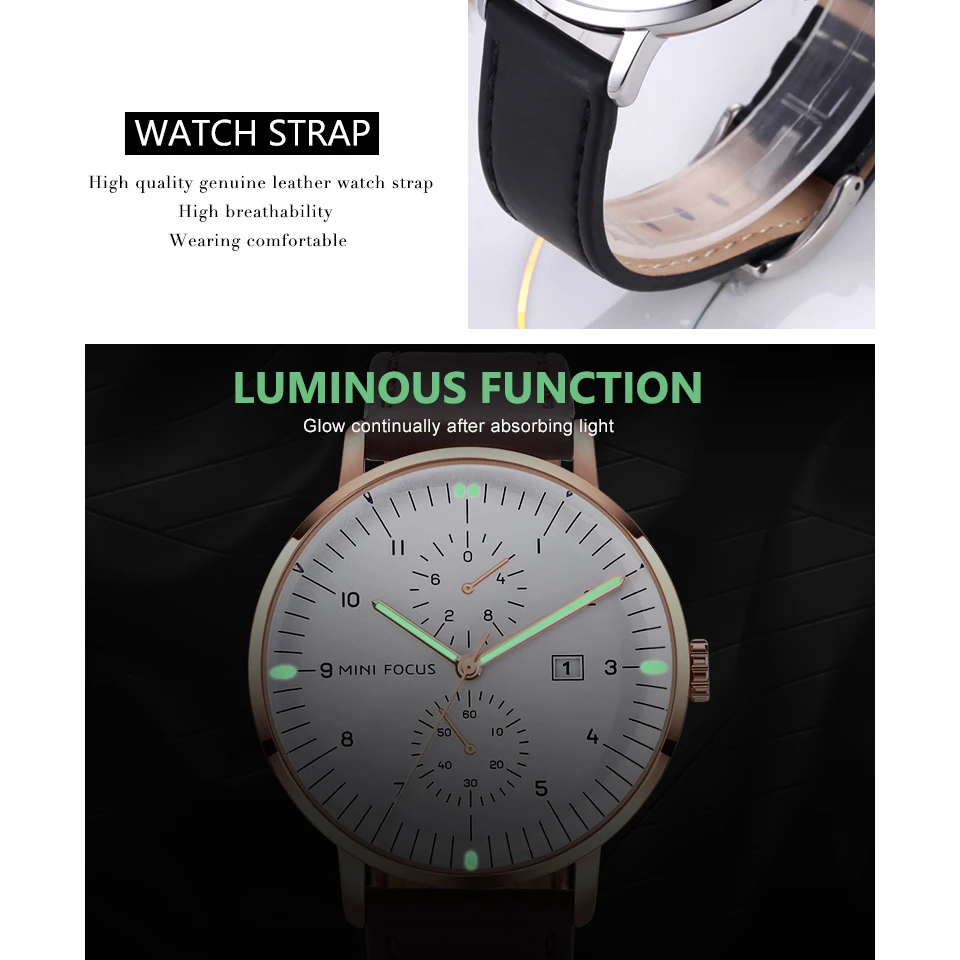Мужские кварцевые часы с ремешком из натуральной кожи и отображением даты |