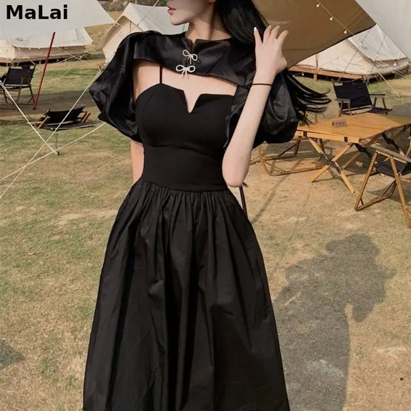 

Женское винтажное платье-миди с бантом, черный офисный комплект из 2 предметов