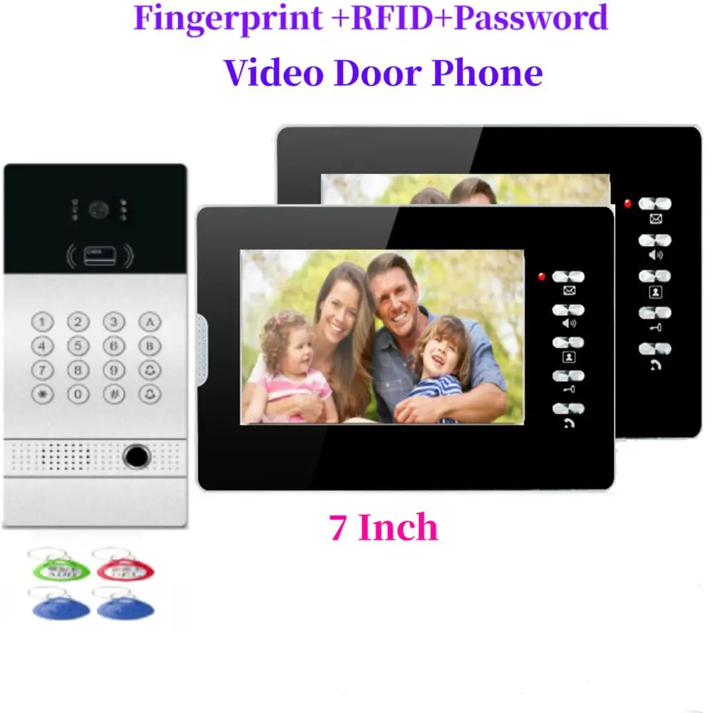 

Отпечатков пальцев RFID пароль разблокировки видео домофон 7 дюймов монитор, работает от сети IP видео-телефон двери дверной звонок металличес...