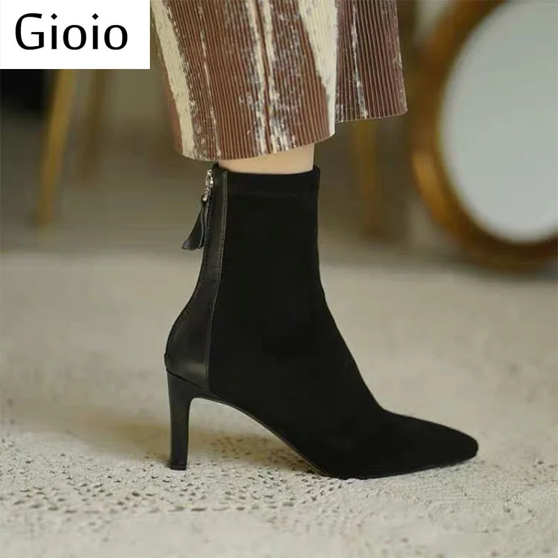 

2021 Autumn and Winter zipper apricot thin boots Stilettos Heel Pointed Toe Ankle Boots Shoes Woman Boats zapatos de mujer