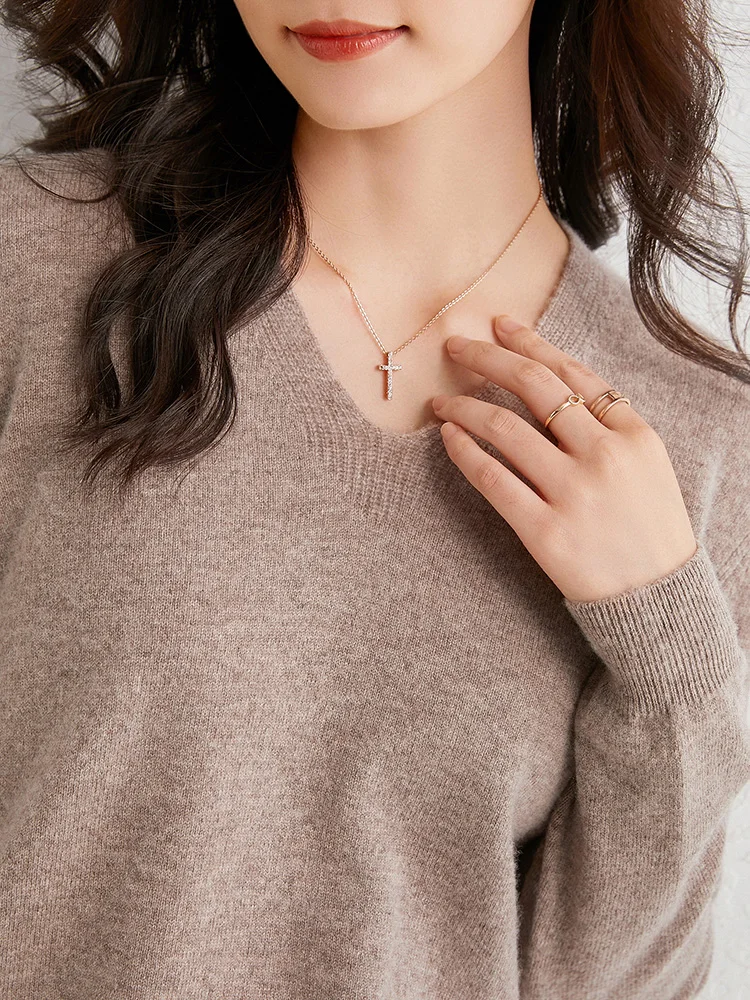 Свитер женский из 100% шерсти вязаный пуловер с V-образным вырезом и манжетами