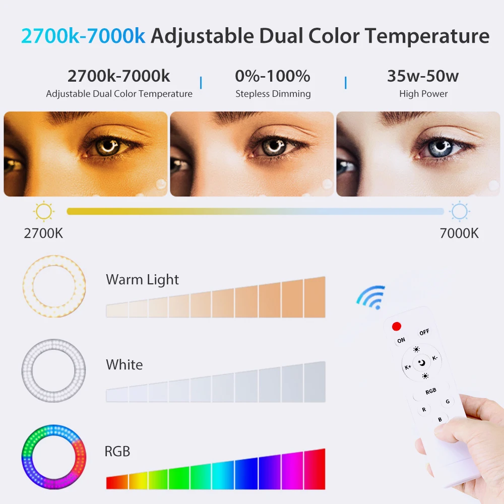 

45cm 18inch RGB Rainbow Ring Light Dimmable Video Lights Selfie Lamp With 3 Phone Clip Holder Photography Lighting For Live Vlog