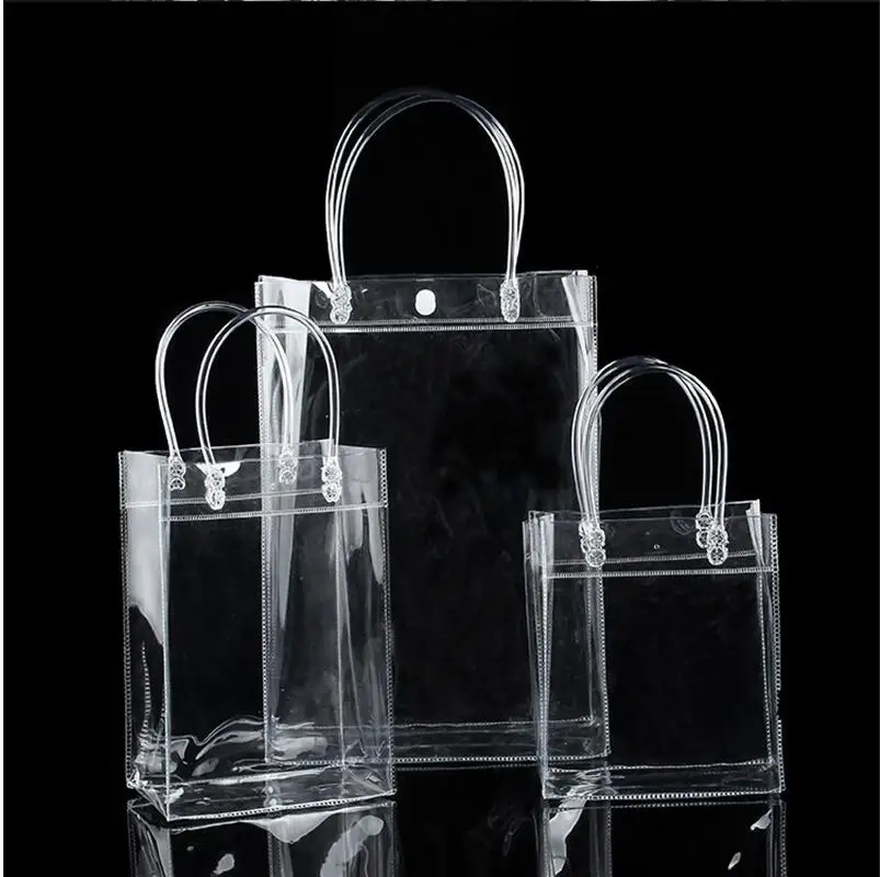 

200pcs/lot 10 Size Transparent soft PVC gift tote packaging bags with hand loop, clear Plastic handbag, cosmetic bag