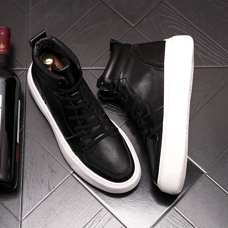 

men fashion punk hip hop platform boots cow leather shoes white black ankle bottes hommes streetwear short botas masculinas man
